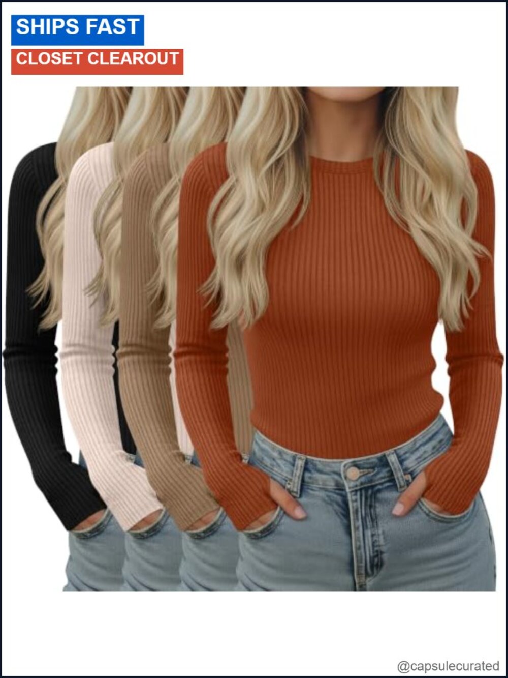 Womens 4 Pack Long Sleeve Ribbed Knit Tops with Thumb Holes Slim Fit Crewneck